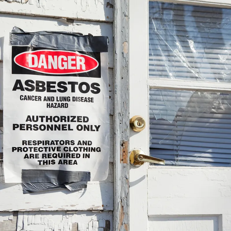 photo of old house with asbestos danger sign